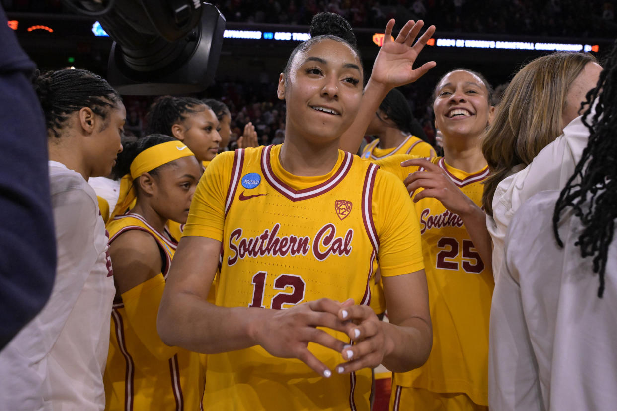 USC's JuJu Watkins looks on after a first-round NCAA tournament win over Kansas on March 25. (Photo by Jayne Kamin-Oncea/Getty Images)