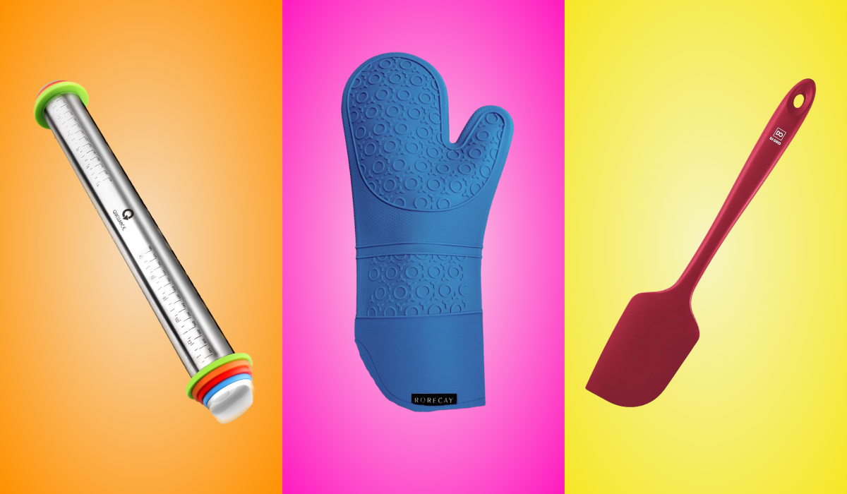 baking tools: adjustable rolling pin, blue oven mitt, red spatula