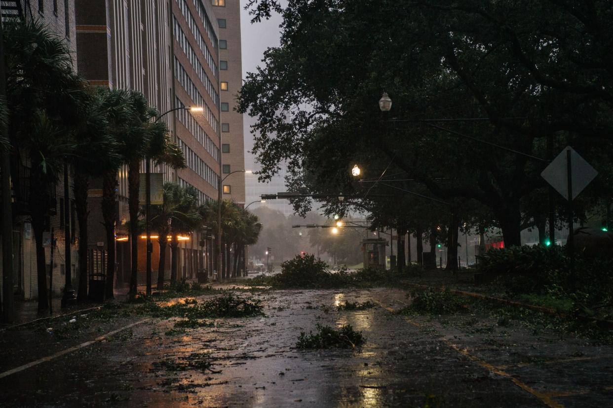 Debris is seen in an intersection downtown on Aug. 29, 2021, in New Orleans, Louisiana. Hurricane Ida made landfall earlier today and continues to cut across Louisiana. Hurricane Ida has been classified as a Category 4 storm with winds of 150 mph.