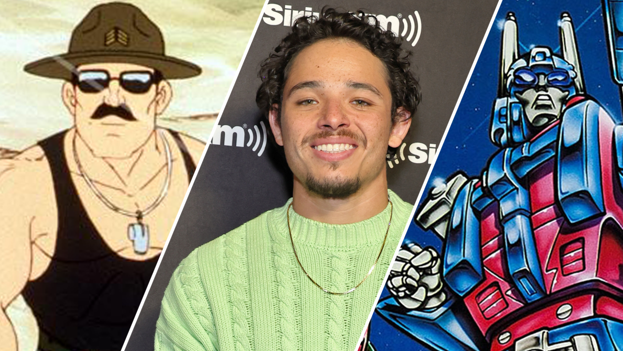 The ending of Rise of the Beasts starring Anthony Ramos (center) sets up a crossover between G.I. Joe (left) and the Transformers (right). (Photos Courtesy Everett Collection and Getty Images)