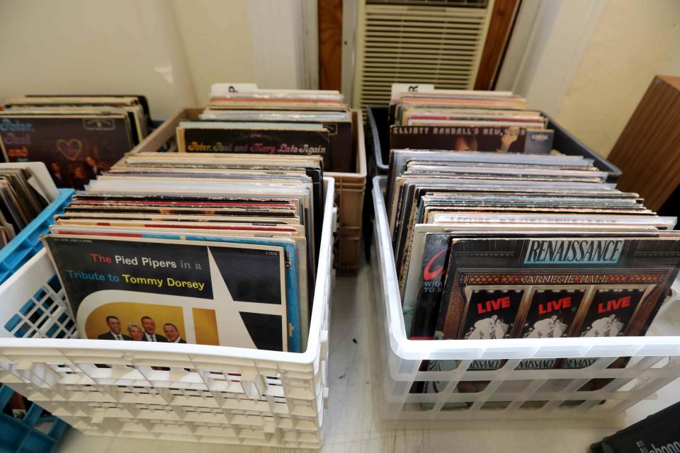 Stacks of records for sale at Marquee Records, a used record shop located above the Tarrytown Music Hall Nov. 17, 2021.Greg Jacquin, who has volunteered at the music hall for years, started the record shop earlier this year as a way to raise money to support the concert venue. Most records are sold for $2 each. Since opening in April of this year, the record shop has made over $8,000.