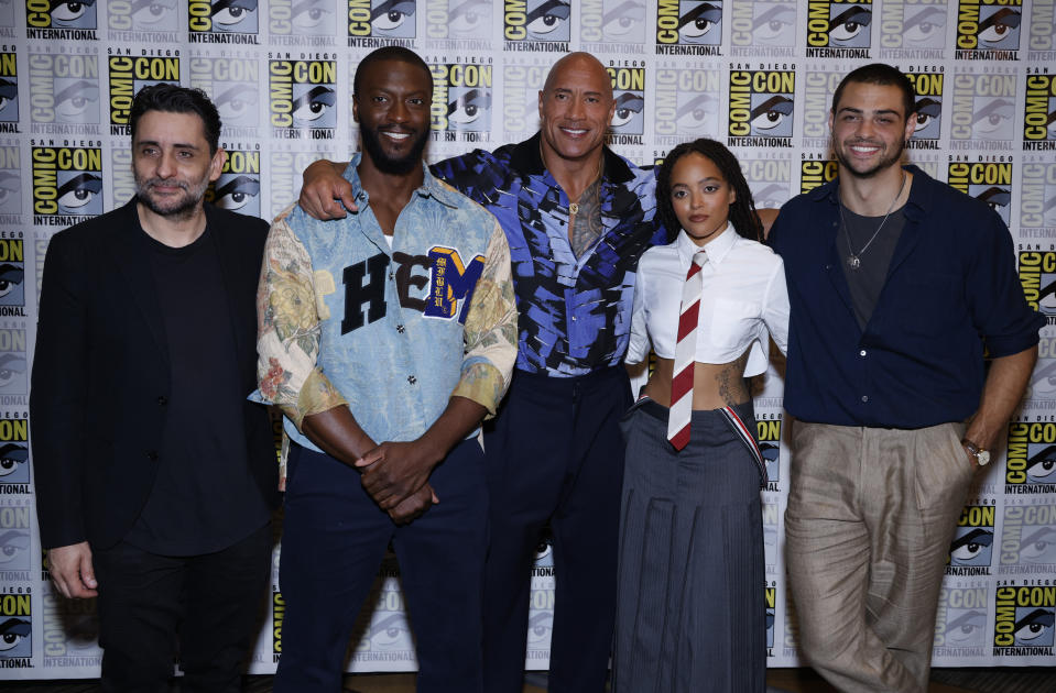 Jaume Collet-Serra, from left, Aldis Hodge, Dwayne Johnson, Quintessa Swindell and Aldis Hodge attend the Warner Bros. press line on day three of Comic-Con International on Saturday, July 23, 2022, in San Diego. (Photo by Christy Radecic/Invision/AP)