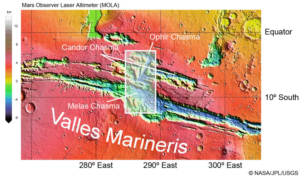 Imagen de Valles Marineris tomada por el instrumento MOLA de la sonda Mars Global Surveyor de la NASA en la que aparece la regi&#xf3;n de Candor Chaos. (Cr&#xe9;dito imagen NASA).