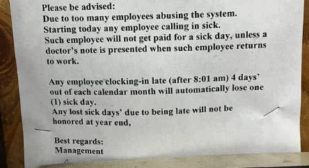Notice about sick day policy changes due to system abuse, detailing the non-payment for certain sick days and loss of any unused days at year's end. Signed by management