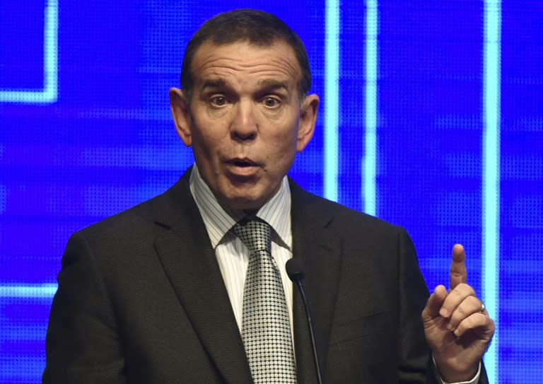 Conmebol President Paraguayan Juan Angel Napout delivers a speech during the draw ceremony of the Copa Sudamericana championship, in Luque, Paraguay, on July 16, 2015