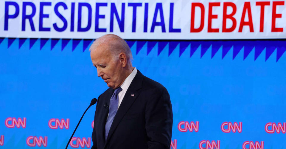 Democrat presidential candidate U.S. President Joe Biden listens as Republican presidential candidate and former U.S. President Donald Trump speaks during their debate in Atlanta, Georgia, U.S., June 27, 2024.