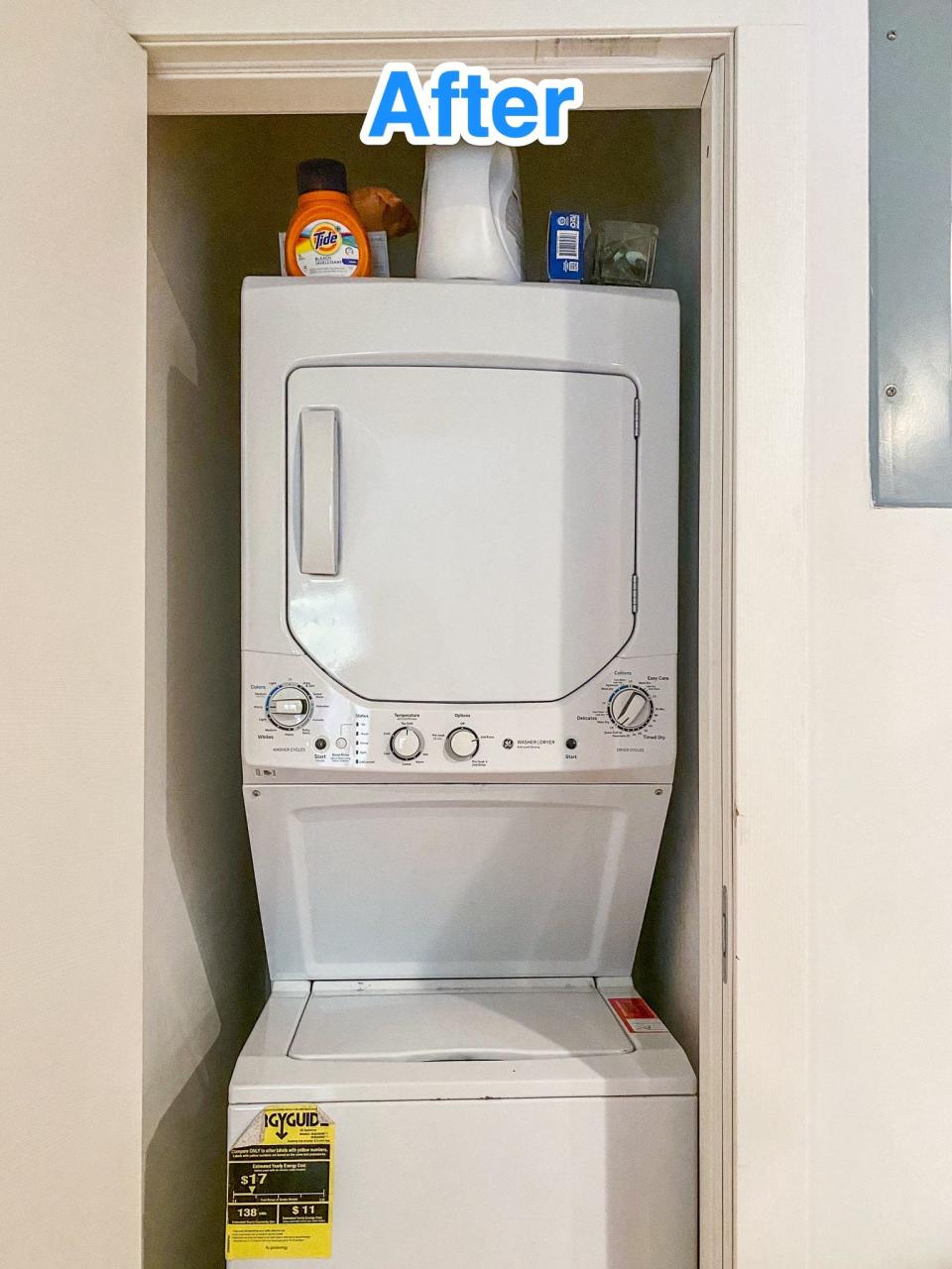 Blue text says "after" at the top of a photo of a white, stacked washer and dryer