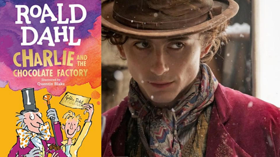 Wonka movie starring Timothee Chalamet and Charlie and the Chocolate Factory book