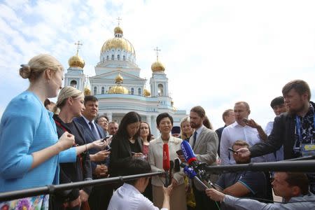 Japan's Princess Takamado speaks to media after her visit to Orthodox Cathedral in Saransk, Russia June 20, 2018. REUTERS/Artem Artamonov