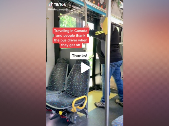The TikTok video shows people in Victoria thanking the bus driver as they get off the bus. (Photo via TikTok/thefatpassport)