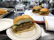A banh mi sandwich made with a plant-based Impossible Pork patty at the Impossible Foods headquarters in Silicon Valley