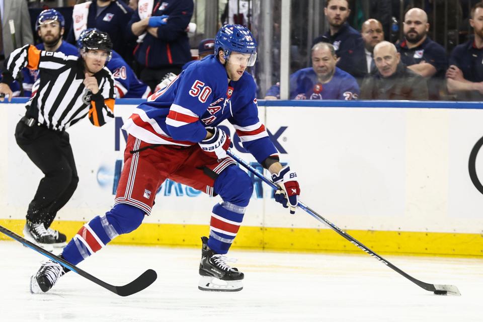 Apr 7, 2024; New York, New York, USA; New York Rangers left wing Will Cuylle (50) controls the puck in the second period against the Montreal Canadiens at Madison Square Garden.