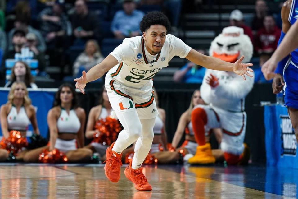 Miami Hurricanes guard Nijel Pack, who led Miami with 21 points, reacts after a play in the second half against the Drake Bulldogs at MVP Arena in Albany, N.Y.  