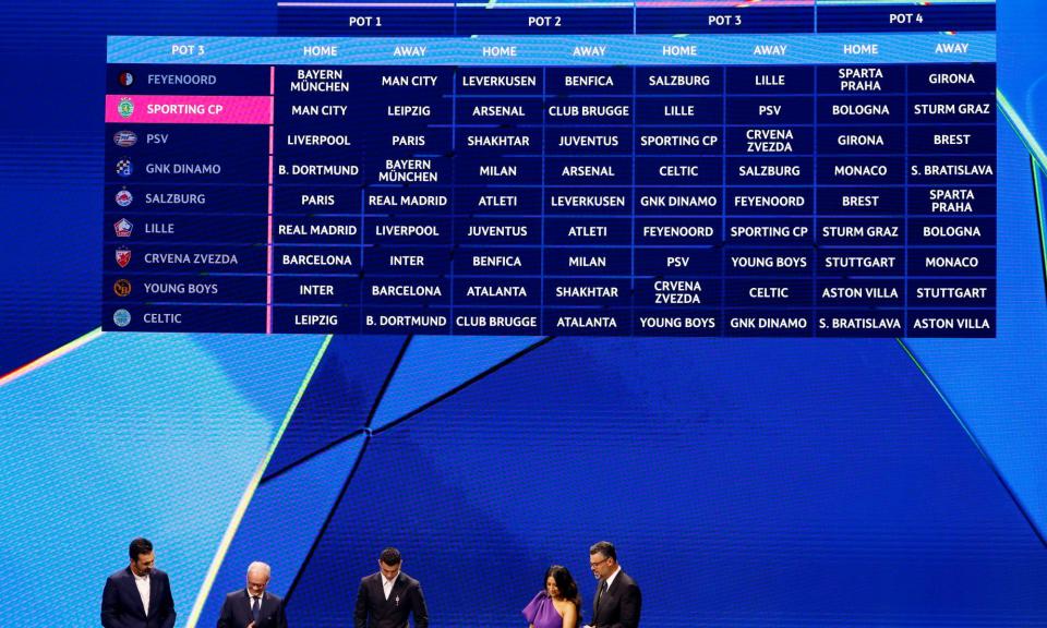 <span>A view of the draw made in Monte Carlo for the expanded Champions League.</span><span>Photograph: Claudio Lavenia/Uefa/Getty Images</span>