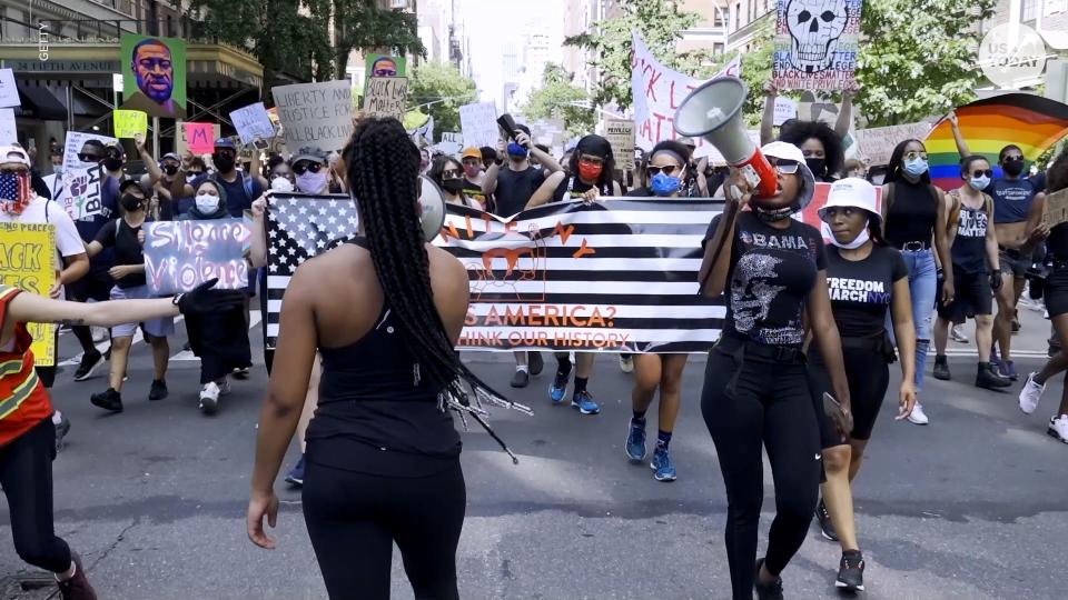 On July 4, 2020, anti-4th of July activist rally at Madison Square Park in Manhattan, New York. The event was organized by Freedom March NYC, a protest group civil rights organization organized by young Black women leading non-violent protests.