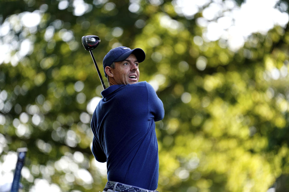 Northern Ireland's Rory McIlroy on the 4th during day one of the 2023 BMW PGA Championship at Wentworth Golf Club in Virginia Water, Surrey, England, Thursday, Sept. 14, 2023. (Zac Goodwin/PA via AP)