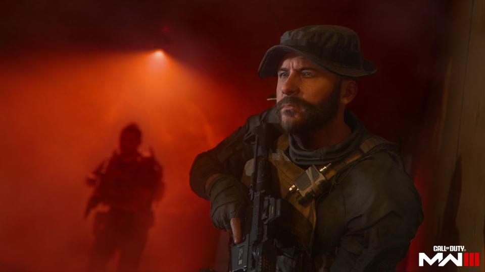 call of duty modern warfare iii john price with his gun against a red spotlight background