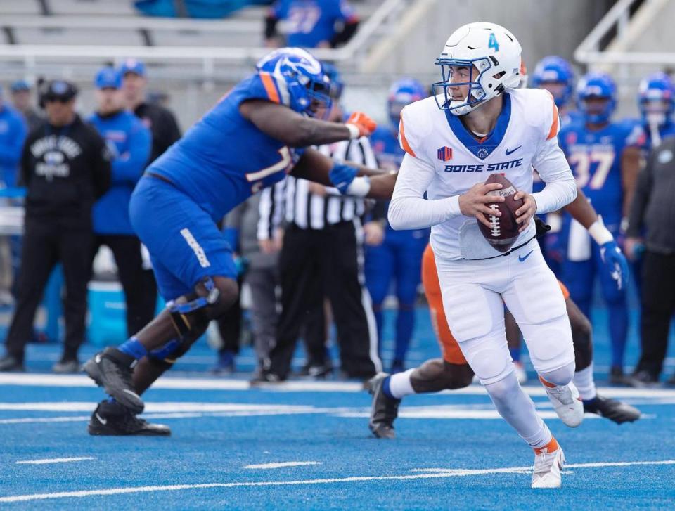 Boise State safety Sam Vidlak looks for a pass during their spring game held on Saturday, April 9, 2022, at Albertsons Stadium.