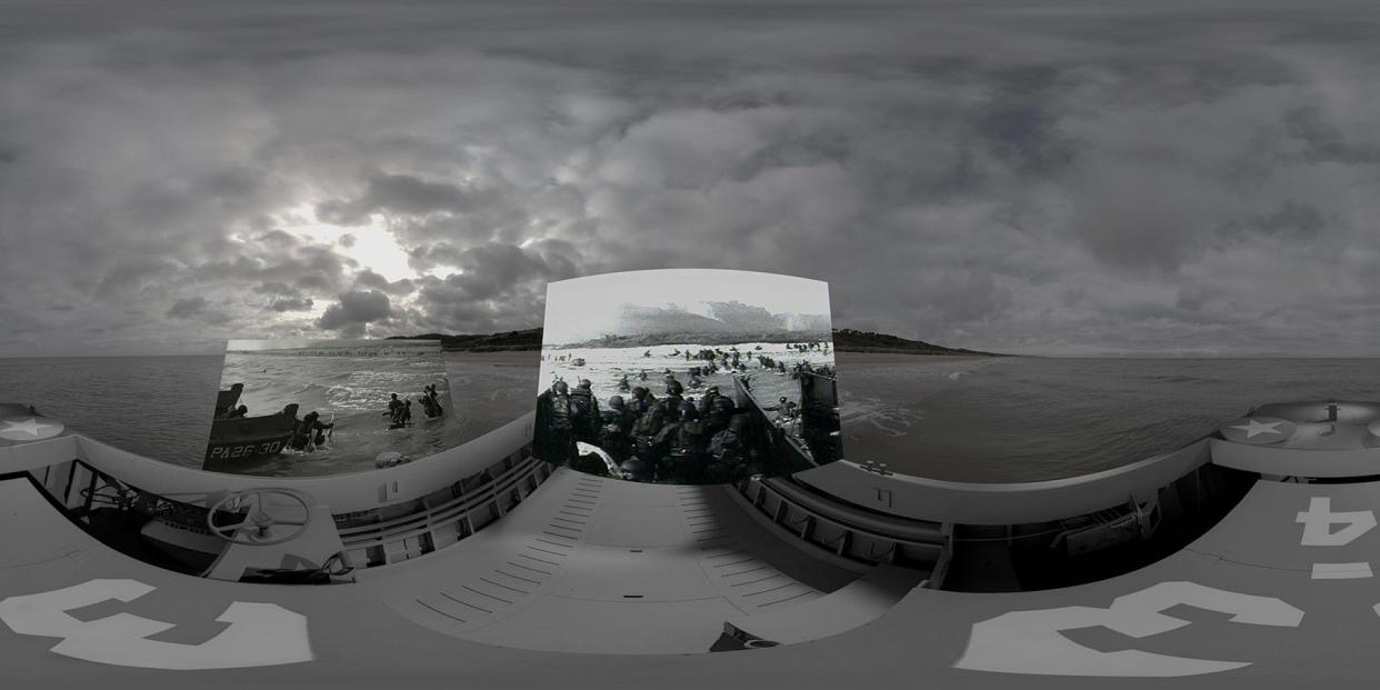 A screen grab from Tim Gray's Omaha Beach virtual reality program, which splices archival images from D-Day into current footage of the beach. The scene becomes 3-D and 360 degrees through VR glasses.