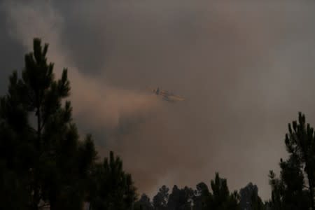 Firefighting plane dumps water on a forest fire next to the village of Vila de Rei