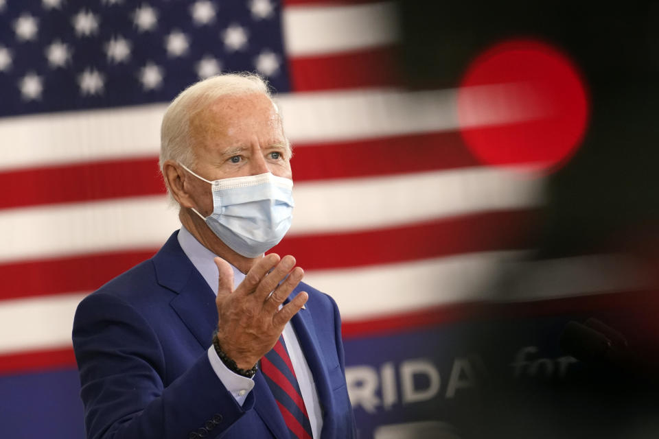 Democratic presidential candidate former Vice President Joe Biden speaks at Jose Marti Gym, Monday, Oct. 5, 2020, in Miami. (AP Photo/Andrew Harnik)