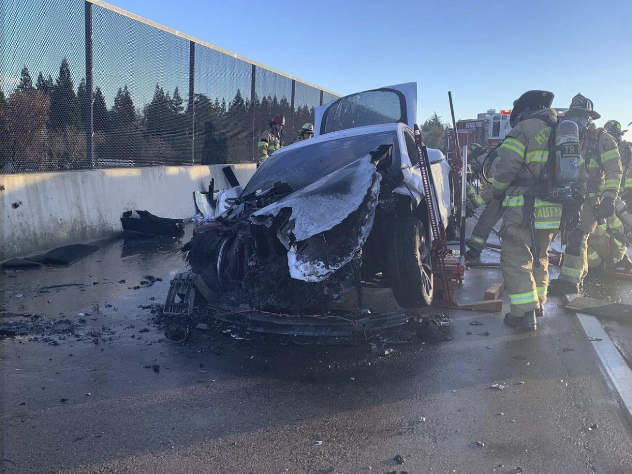 A Tesla Model S caught fire on the highway.