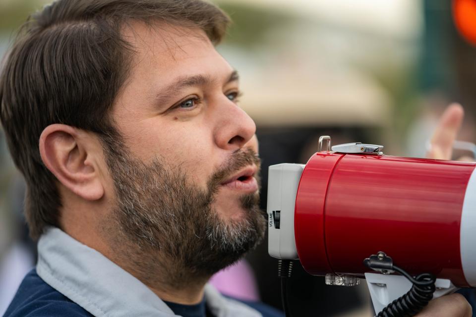 Arizona Rep. Ruben Gallego speaks to the crowd before the Arizona Martin Luther King Jr. Day 2022 March in Phoenix on Monday, Jan. 17, 2022.