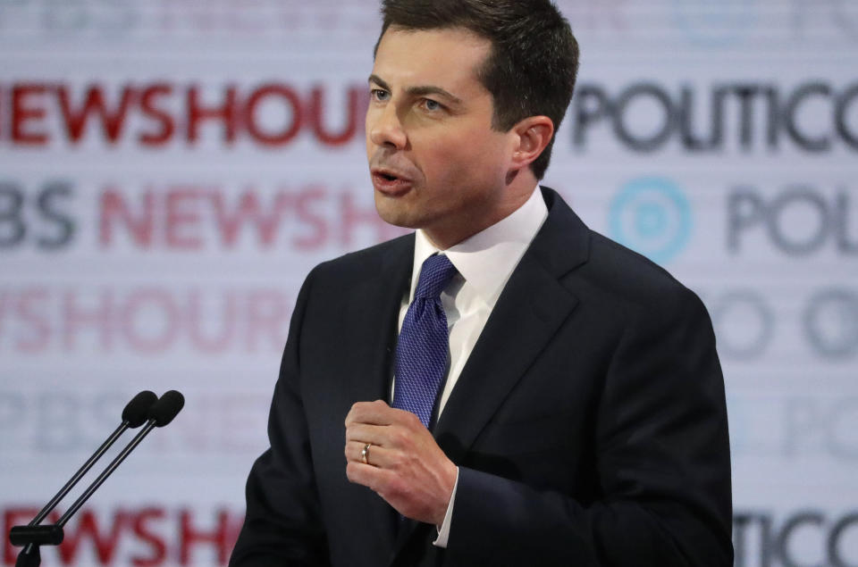 Democratic presidential candidate South Bend Mayor Pete Buttigieg speaks during a Democratic presidential primary debate Thursday, Dec. 19, 2019, in Los Angeles. (AP Photo/Chris Carlson)