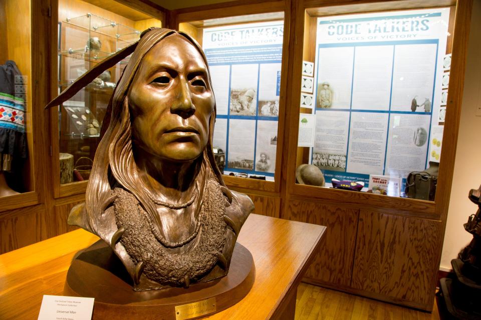 The sculpture "Universal Man" by Enoch Kelly Haney, a Seminole and Muscogee (Creek) artist who previously served as chief of the Seminole Nation, is pictured at the Five Civilized Tribes Museum in Muskogee.