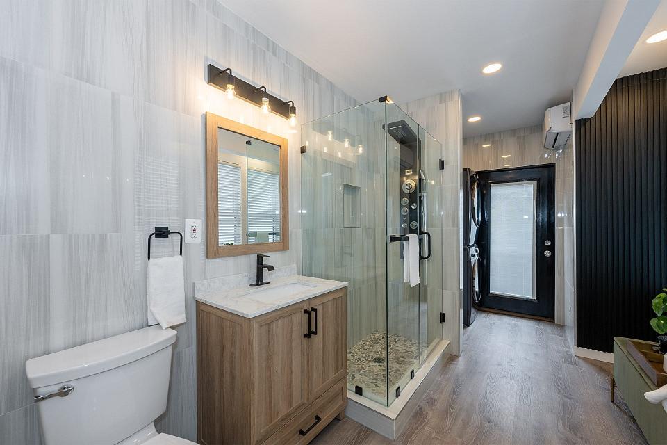 A full-bathroom in a skinny home.