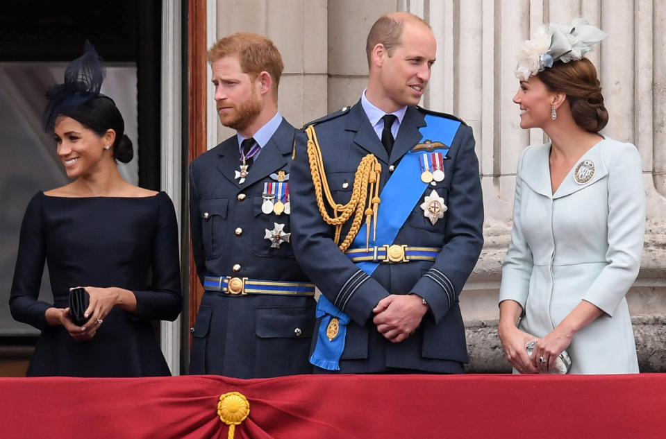 The Duke and Duchess of Sussex and Duke and Duchess of Cambridge chat ahead of the flypast. [Photo: Rex]