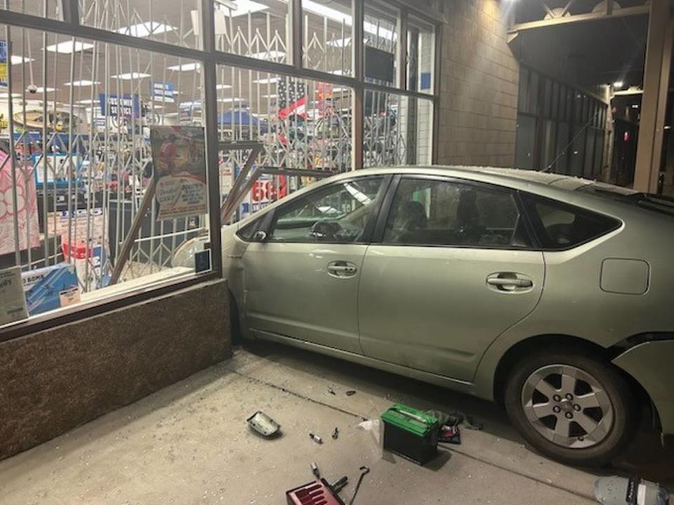 Police are looking for a San Luis Obispo man they say crashed his Prius into Big 5 Sporting Goods at the Marigold Center and then made off with seven guns, which were found in a nearby field.