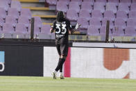 Salernitana's Loum Tchaouna celebrates after scoring the opening goal during the Serie A soccer match between Salernitana and Atalanta at the Stadio Arechi in Salerno, Italy, Monday, May 6, 2024. (Alessandro Garofalo/LaPresse via AP)