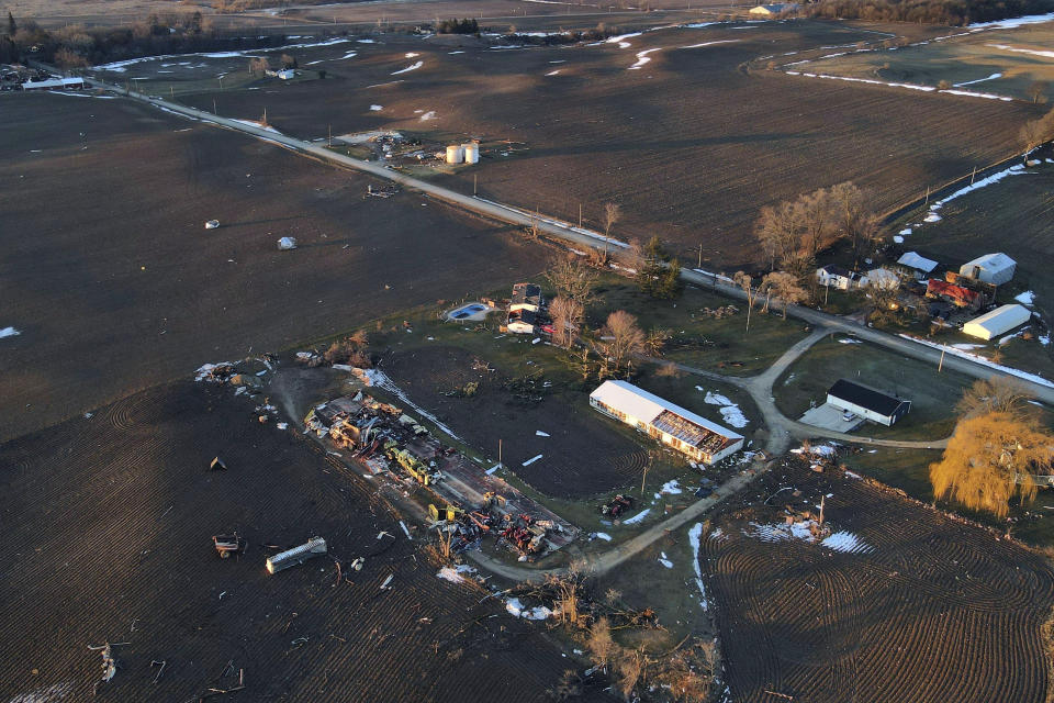 An aerial view of the damage along North Tolles Road Friday morning, Feb. 9, 2024, after a confirmed tornado went through the area just northwest of Evansville, Wis., the prior evening. The tornado was the first-ever reported in February in the state of Wisconsin, according to the National Weather Service. (Anthony Wahl//The Janesville Gazette via AP)
