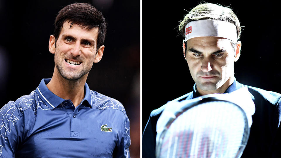 Roger Federer (pictured right) unwrapping a racket and Novak Djokovic (pictured left) celebrating a point.