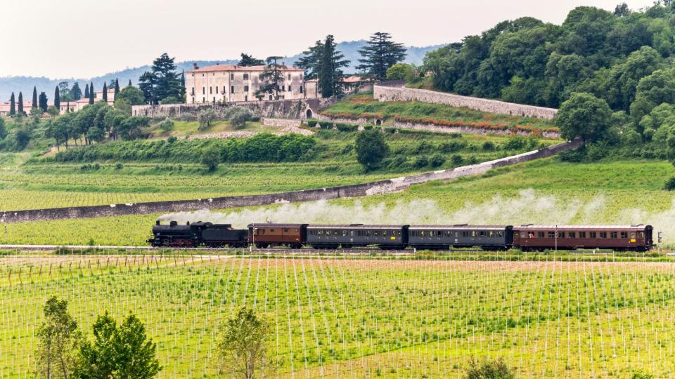 Treno a vapore into the vineyards of Franciacorta, Brescia province, Italy, Europe