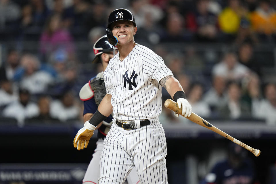 New York Yankees' Jake Bauers reacts after striking out during the ninth inning of the team's baseball game against the Boston Red Sox on Friday, June 9, 2023, in New York. The Red Sox won 3-2. (AP Photo/Frank Franklin II)