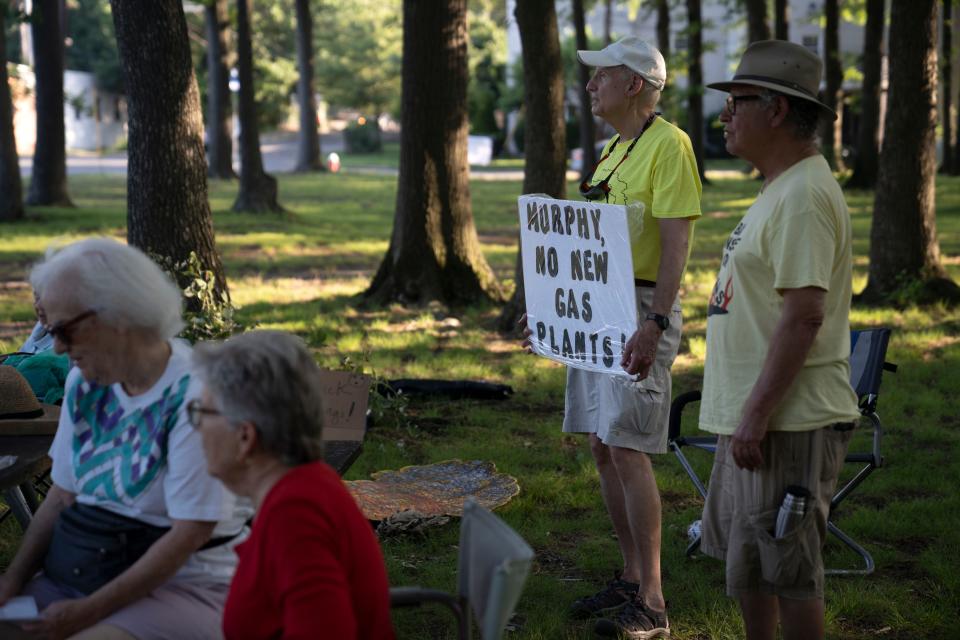 A rally calling for new legislation regulating trains carrying oil and other hazardous materials at Bookstaver Park in Teaneck on Thursday, July 6, 2023. 