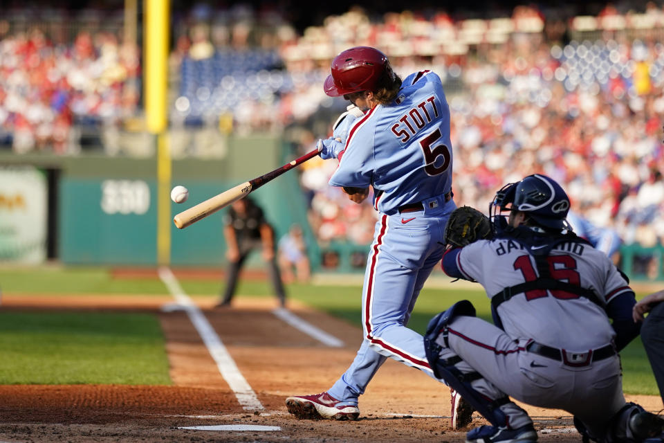 Philadelphia Phillies' Bryson Stott hits a run-scoring single against Atlanta Braves pitcher Ian Anderson during the second inning of a baseball game, Thursday, June 30, 2022, in Philadelphia. (AP Photo/Matt Slocum)