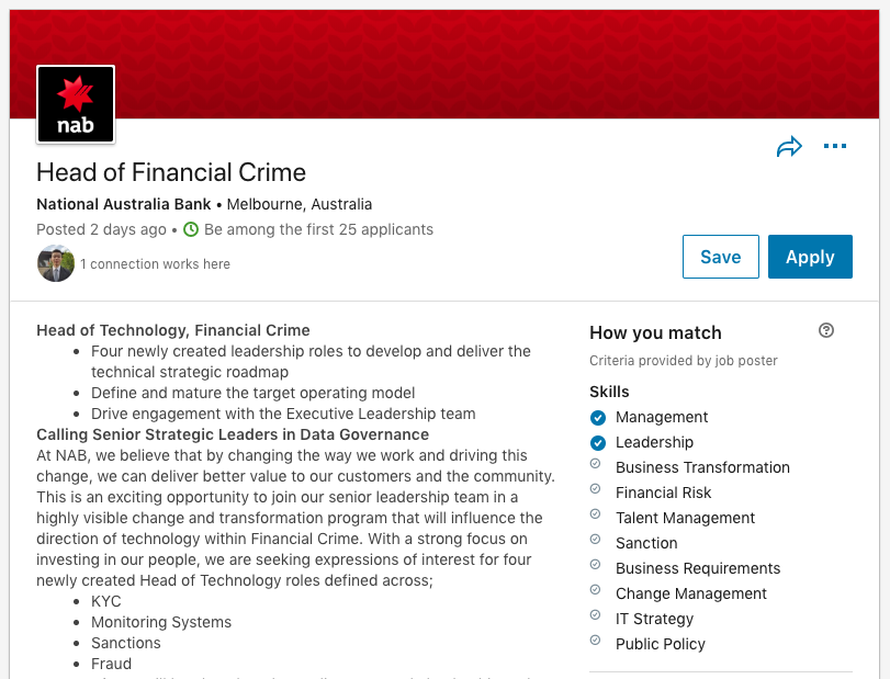 Screenshot of NAB’s “Head of Financial Crime” job ad posted on LinkedIn. <em>(Source: Yahoo Finance/LinkedIn)</em>