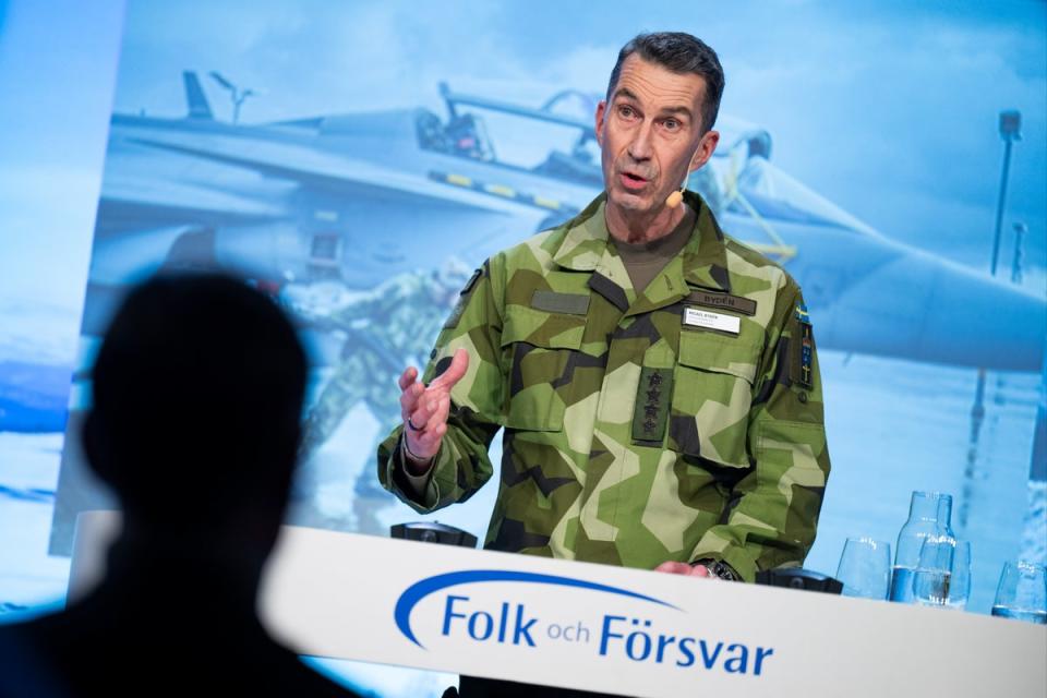 Sweden's Commander-in-Chief Micael Byden speaks during the Society and Defense National Conference in Salen, Sweden (EPA)