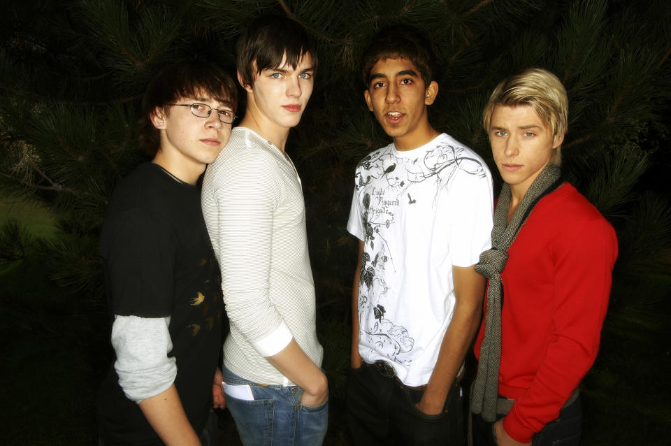 Dev Patel, Nicholas Hoult, Mike Bailey and Mitch Hewer pictured in 2007 for Skins. (Shutterstock)