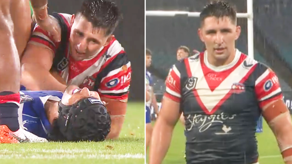 Roosters coach Trent Robinson and fans are divided over the tackle that saw Victor Radle sent to the sin bin. (Images: Fox Sports)