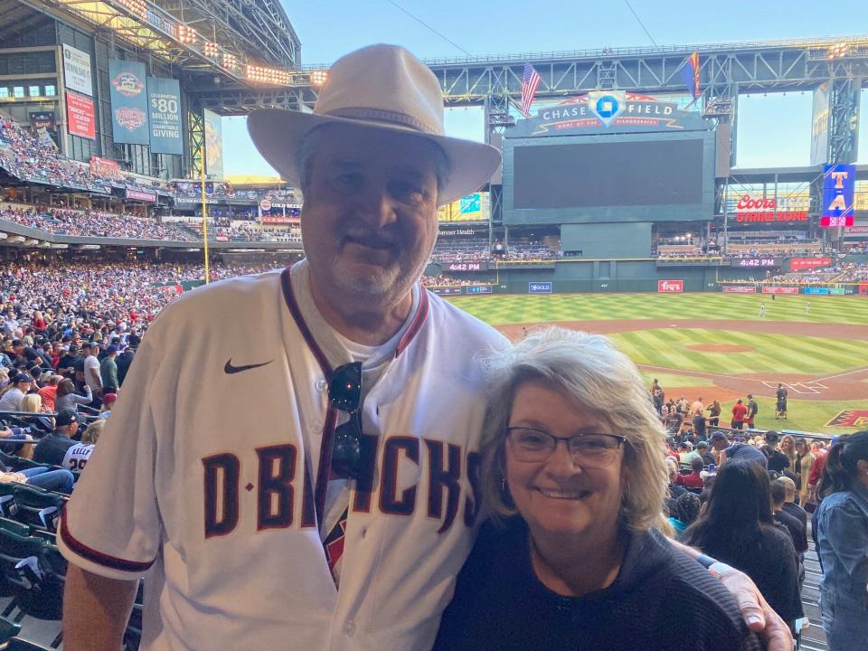 David (left) and Trenace Mantiply of Dry Fork, Virginia, were on hand at Chase Field on Tuesday to watch their son, Joe, start Game 4 of the 2023 World Series for the Diamondbacks in Phoenix on Oct. 31, 2023.