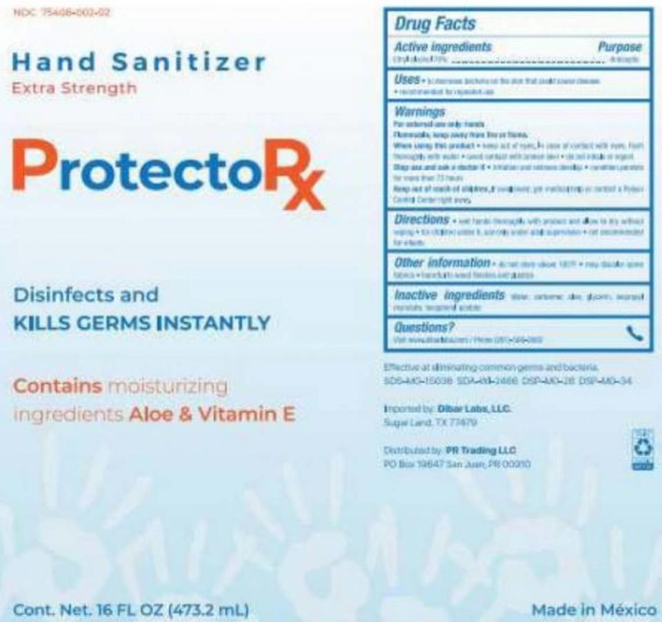 ProtectorRx hand sanitizer label. The product made by Dibar and distributed in Puerto Rico was recalled on May 11, 2021, due to methanol.