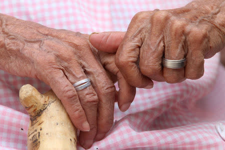 The hands of 116 year-old Maria Felix Nava are pictured during an interview with Reuters at her house in the municipality of Tlaquepaque, on the outskirts of Guadalajara, Mexico, April 25, 2017. Picture taken April 25, 2017. REUTERS/Miguel Garcia