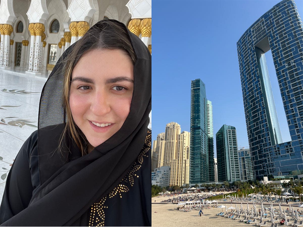 The writer wears a traditional abaya at the Sheikh Zayed Grand Mosque; View of Dubai skyline