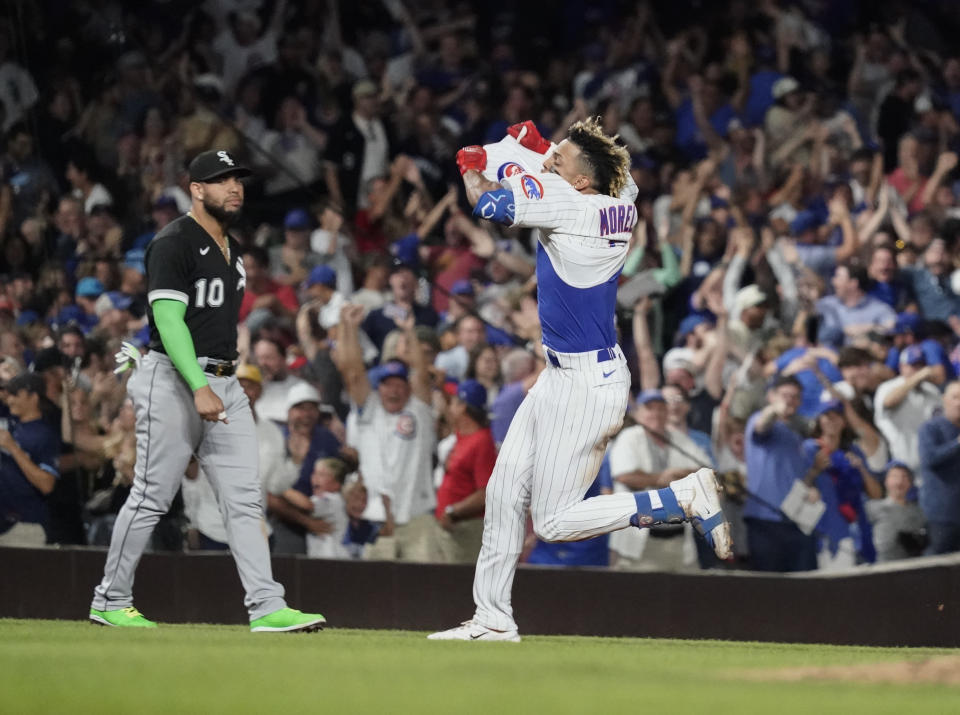 CHICAGO, ILLINOIS - AUGUST 16: Christopher Morel #5 of the Chicago Cubs celebrates after hitting a walk-off three-run home run against the Chicago White Sox at Wrigley Field on August 16, 2023 in Chicago, Illinois. The Cubs defeated the White Sox 4-3. (Photo by Nuccio DiNuzzo/Getty Images)
