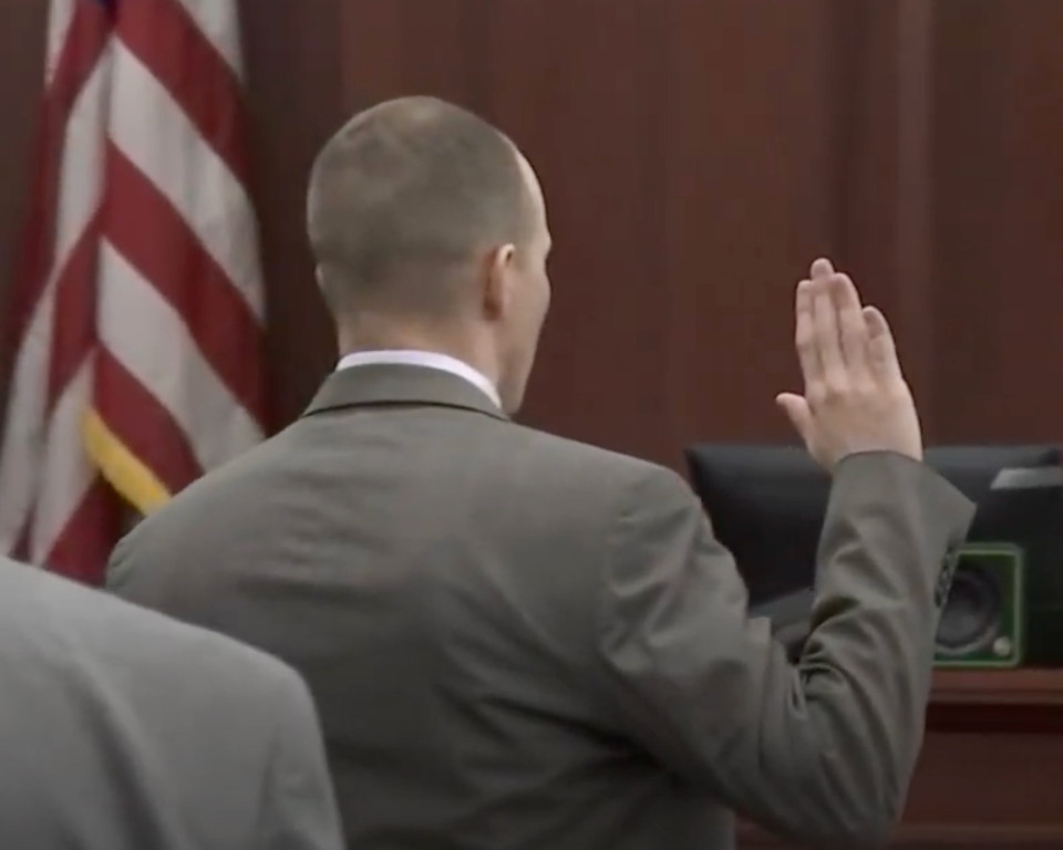 Patrick McDowell is sworn in as he is about to testify for about an hour for his sentencing hearing Thursday in the death of Nassau County Deputy Joshua Moyers.