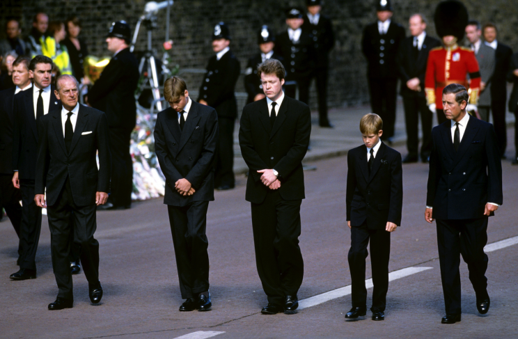 Prince Harry (fourth right) walked behind his mother’s coffin (Picture: REX Features)
